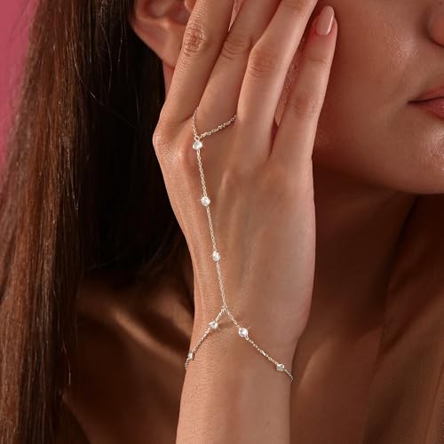 Image of Hand Chain Bracelet for Women Trendy, Dainty Silver Beaded Finger Ring Bracelet Non Tarnish Minimalist Adjustable Simple Cute Silver Bracelets Waterproof Fashion Jewelry