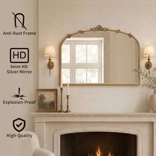 Image of Besdomus Vintage Gold Mirror for Vanity: 32 inchx24 inch Traditional Arched Mirror | French Baroque Antique for Wall /Mantel /Bedroom /Entryway /Bathroom /Hallway - Ideal for Fashion- Conscious