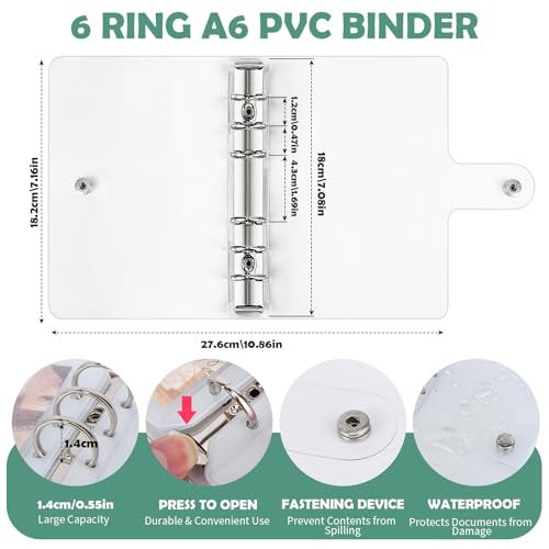 2Pcs A6 Transparent PVC Ringbuch mit 24 Klarsichthüllen und 400 Etikett, 6 Ring Weich A6 Ordner und Reißverschluss Mappe, Nachfüllbares Notizbuch Ringordner, Binder für Notebook Fotoalbum Scrapbooking