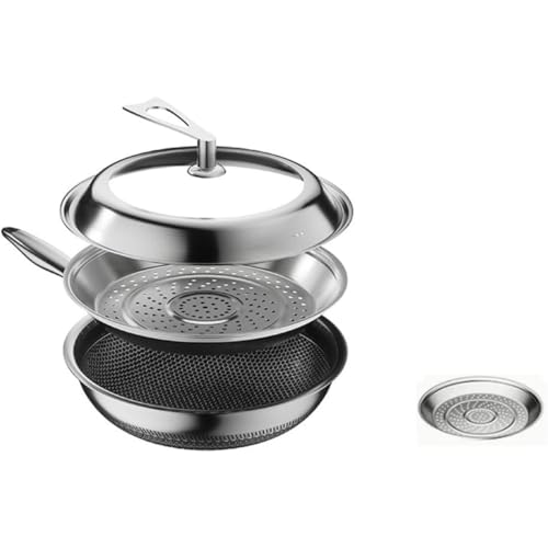 NICROSE フライパン 316ステンレス ノンスティックフライパン 深型 厚型 油煙が出ない 中華鍋 ハンドル付きガラス蓋 中華鍋 オール熱源対応 多用途 家庭用キッチン用品 (34cm,蓋付き+蒸しトレイ)