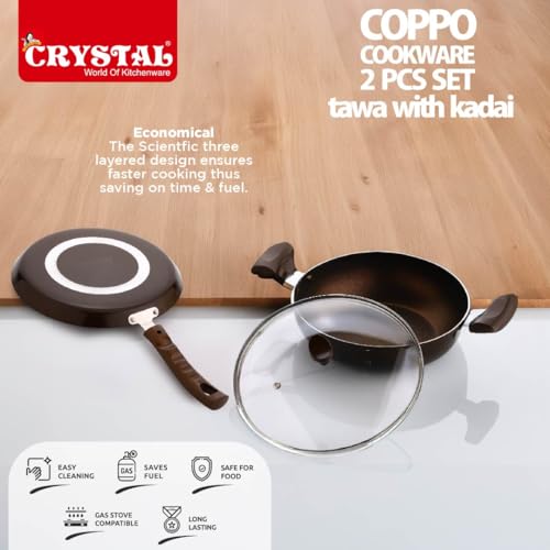 Image of Crystal Vivid Series Nonstick Cookware Set -3 Pcs | Tawa 250 mm + Kadai 240 mm + Glass Lid 240mm | Gas Stove Compatible