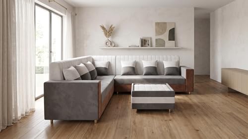 Image of RECTART Luxe 8 Seater L-Shape Sofa Set for Living Room | Sectional Sofa with Centre Table & 7 Pillows | Modern Wooden Home Furniture |