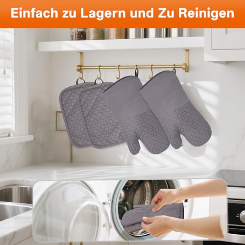 MILcea Ofenhandschuhe Topflappen Topfhandschuhe 4er Set - Ofenhandschuhe Hitzebestaendig bis 300°C, Rutschschutz, Verlängern, Weich, Backhandschuhe Kochhandschuhe Oven Gloves, Grau