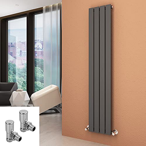 ELEGANT Vertical Radiators Anthracite Column Designer Tall Upright Flat Panel 1600 x 300 mm Single Radiators with Angled Valves