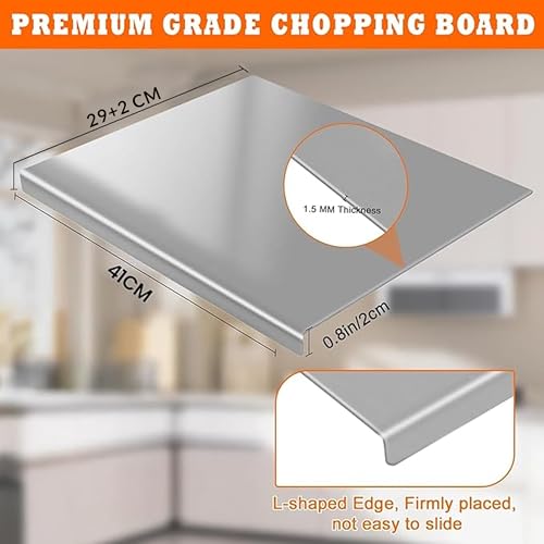 Image of HOMEZE 304 Stainless Steel Chopping Board 41 x 31 cm - Rust Proof, Non‑Slip & Heavy Duty Counter Top Cutting Board with Lip, Smooth Round Edge - for Cutting Vegetables, Fruits, Meat & Kneading Dough