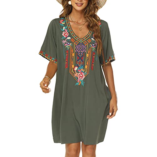 Higustar Women's Mexican Embroidered Dresses Peasant Bohemian Dress Fiesta Plus Size Boho Floral Hippie Skirts For Women Green #TOP1