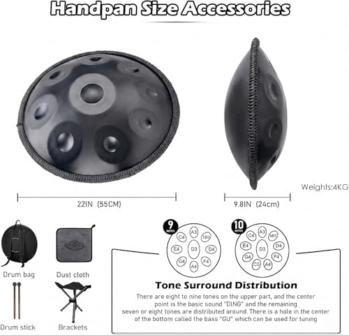 Image of PERLMAN Handpan 22-Inch, 10-Note Steel Hand Drum Set, 440 Hz - Premium Alloy Steel Handpan with Carry Case, Drum Stand, Mallets, Spiral Wraps, and Instruction Guide (Black)