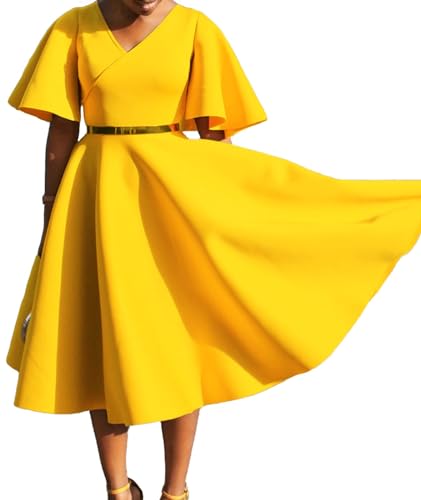 Image of SOMTHRON Women's Wrap V-Neck Ruffle Short Sleeve Midi Dress Elegant A Line Flowy Flared Cocktail Church Dress