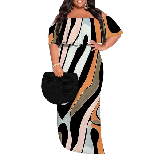 Lezacnv Striped Print Loose Plus Size Boho Maxi Dress Fashion