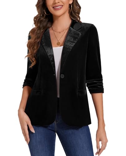 MINTLIMIT Women's Velvet Blazer Ruched 3/4 Sleeve Jacket Notch Lapel Button Open Front Casual Blazers with Pockets4