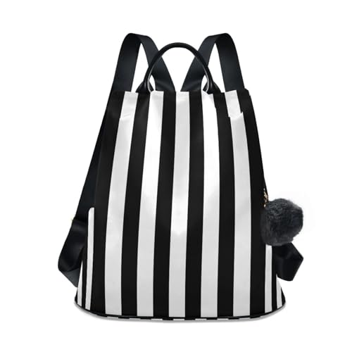 Sac à dos femme rayures noires et blanches chic avec pompons