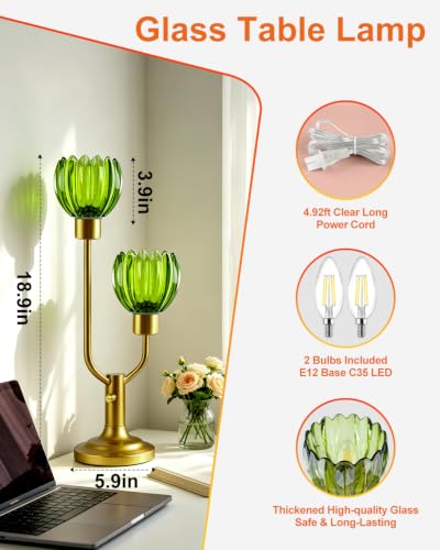 Image of Lightdot Green Glass Flower Table Lamp for Living Room Dimmable Gift | Bulbs Included Mid Century Modern Vintage Gold Desk Lamp Warmwhite Ambient Nightstand Bedside Lamp for Bedroom Home Decor