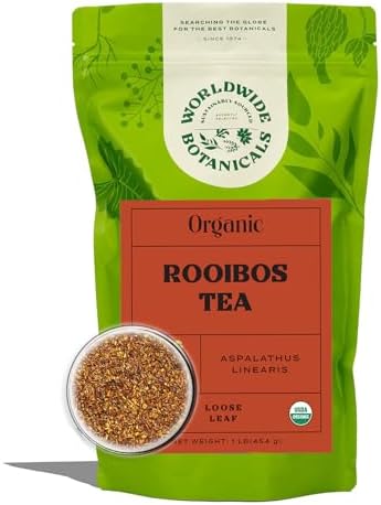 Worldwide Botanicals Organic Red Rooibos Tea – 1lb - 100% South African Aspalathus linearis – Loose Leaf, Cut and Sifted - Resealable Bag for Freshness, 1 Pound Bag