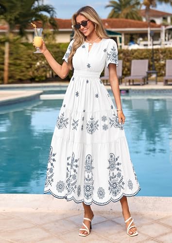 Image of PRETTYGARDEN Womens Summer Dresses Floral Maxi Boho Spring Long Dress | Lightweight Cotton Embroidery, V Neck Short Sleeve Empire Elastic Waist, Flowy Vacation Wedding Guest Dresses, with Pockets