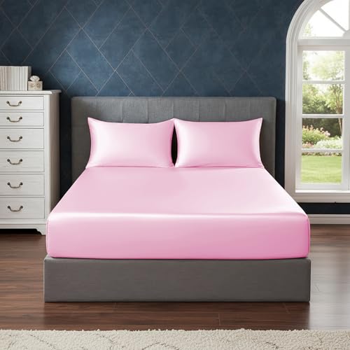 Image of Soft and Silk Satin Fitted Bedsheet for Single Size 36X75 +12 in - Elastic Fitted Sheet 400 TC Hotel Collection for Bedroom | Fitted Sheet with Pillow Cover - Baby Pink, Single Bed