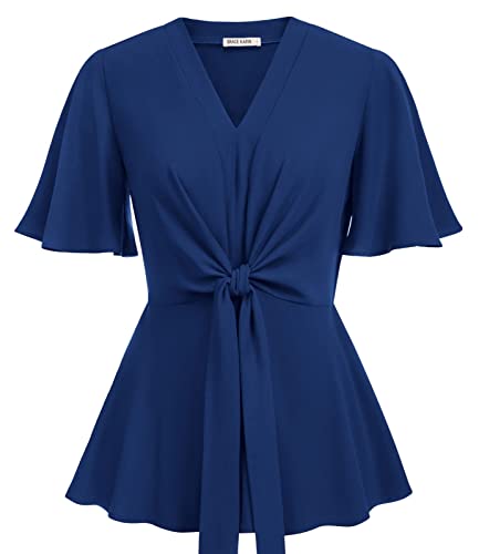 Image of GRACE KARIN Women's Elegant V-Neck Tie Waist Flowy Peplum Shirt Tops