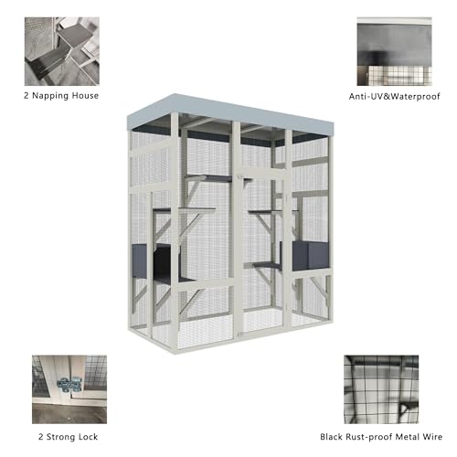 70” Catio Outdoor Cat Enclosure, Large Wood Cats House, Catio Window Cat Enclosure, Jumping Platform & 2 Napping Resting Box