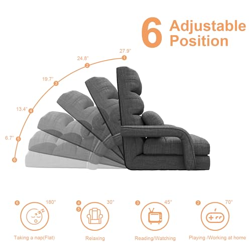 Adjustable Floor Gaming Chair for Adults, 6-Position Chaise Lounge Chair with Meditation Arm, Foldable Lazy Sofa with Pillow, Comfy Chair Indoor for Bedroom Dorm Living Room, Charcoal