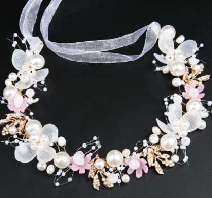 Miniatura 7 de Campsis Diadema de boda para niña de flores, diadema de perlas rosas, accesorios para el cabello de graduación de cristal floral para niñas (rosa)