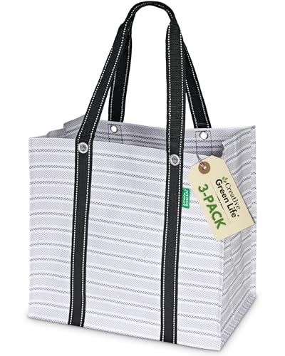 Reusable Grocery Bags Foldable (3 Pack) – XL Reusable Shopping Bags with Handles & Hard Bottom, Heavy-Duty Reusable Bags for Groceries, Washable Grocery Tote Bag, Multipurpose (Gray)