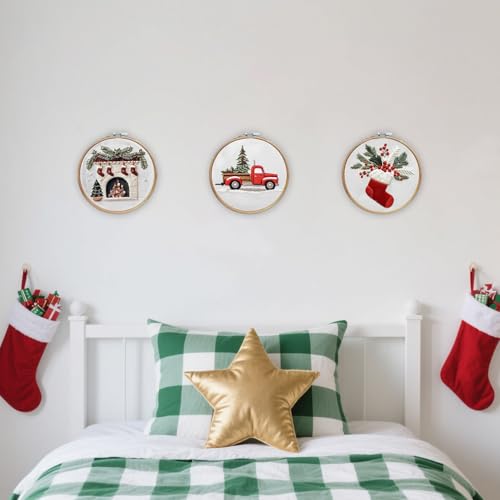 Image of EOBTAIN 3 Pcs Christmas Embroidery Kit for Beginners,Red Christmas Embroidery Kits for Adults,Cross Stitch Kits for Beginners with Pattern, Needles, Threads, Tools,Hand DIY Craft Kits for Adults