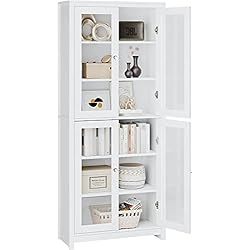 Estanterias Con Puertas Baratas FOREHILL 190cm Vitrina de Cristal, Vitrina Salón, Mueble de Salón, Aparador Comedor, Aparador Cocina, Estantería Oficina, con 6 Estantes 4 Puertas, Madera y Cristal, Blanco, 80x33x190cm