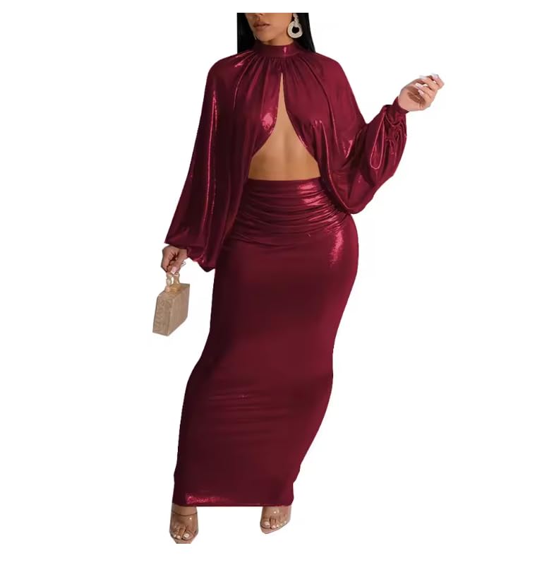 Vestido de PVC estilo capa de club, metalizado, brillante, con parte superior recortada y falda larga delgada, conjunto de 2 piezas para mujer, vestido de fiesta de noche personalizable