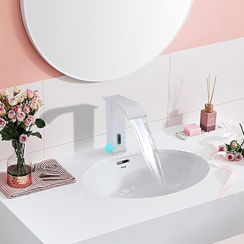 Rubinetto per lavandino del bagno con cascata acqua calda/fredda, sensore a infrarossi con regolazione della temperatura per lavandini di bagno e cucina (argento)