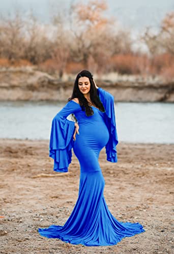 ZIUMUDY Photography Dress Off Shoulder Flared Sleeve Fitted Gown for Photo Shoot Baby Shower Big Mermaid Train3