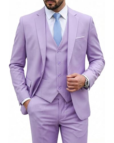 Image of MY'S Men's 3 Piece Suit Set with Tie, One Button Slim Fit Solid Jacket Vest Pants, Prom Party Wedding Business Suits for Men