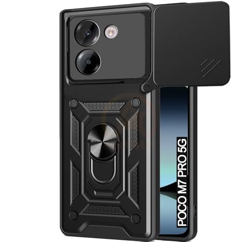 Image of Armor Bumper Back Cover Case for Poco M7 Pro 5G Rotating Camera Cover, Ring Holder & Kickstand | Heavy Duty & 360 Degree Protection Poco M7 Pro 5G Back Cover (Black)