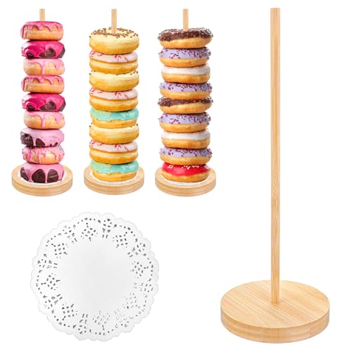 CIATBYYJ 4Pcs Wood Donut Stand with 100 Greaseproof Paper, Detachable Donut Holder Stand Party, Bamboo Bagel Stands for Events Wedding Birthday Parties Party Decoration Supplies (Log Color)
