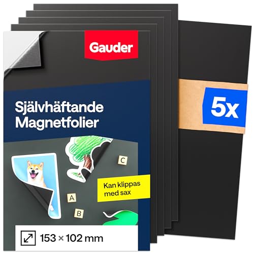 GAUDER Självhäftande Magnetfolie - Klippbar Magnetisk Film för Foto, Pyssel & Skyltar - Svart Magnetark för Hem, Skola & Kontor (5 stycken - 153 x 102 mm)