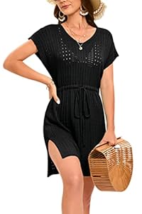 Timuspo Robe de plage sexy pour femme, lien à nouer en tricot, taille latérale, fente latérale, maillot de bain, robe de plage d'été, Noir , S