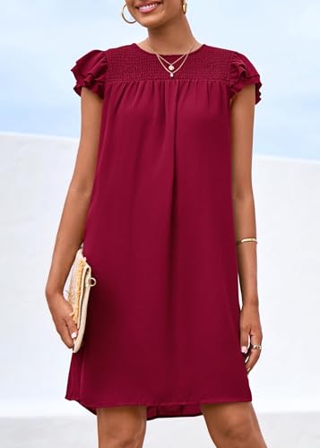 Image of KIRUNDO Wedding Guest Shift Dresses for Women Short Spring Summer Ruffle Cap Sleeve Chiffon Babydoll Flowy Mini Sundress(Jujube Red, Medium)