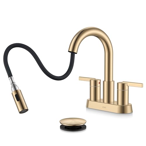 KENES Champagne Bronze Pull Down Bathroom Faucet 4 Inch 2 Handle Centerset Bathroom Faucet 3 Hole with Pull Out Sprayer Bathroom Vanity Faucet with Pop Up Drain & Supply Lines LJ-9069-CB