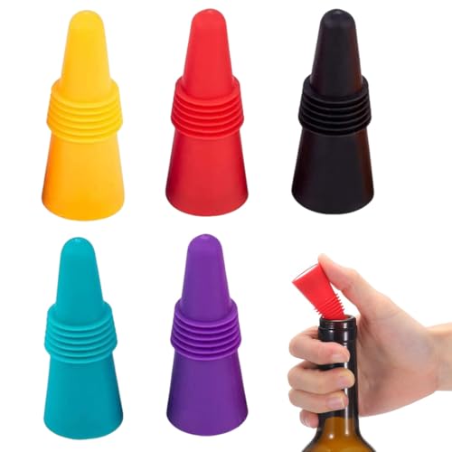 LACHT Set da 5 pezzi tappi in silicone per bottiglie di vino, con fondo in acciaio inossidabile, riutilizzabili Conserva la freschezza della birra e dello champagne,tappi bottiglie vino