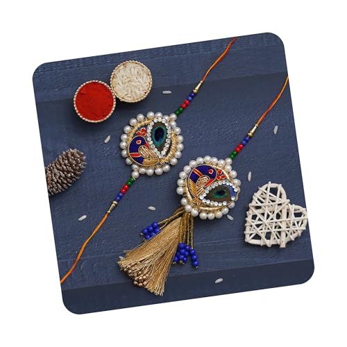 Image of eCraftIndia Diamonds, Pearls Designer Bhaiya Bhabhi Rakhi Set with Roli Chawal Pack -