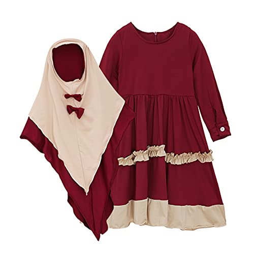 Gebetskleid Zwei Teile (Kleid und Hijab) für Mädchen Kinder Islamische Kleidung islamische Kinder Gebetskleid Kaftan Ramadan (Color : Red, Size : 110Size) Cover
