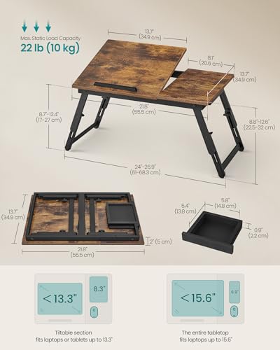 Image of SONGMICS Bed Laptop Desk, Folding Bed Tray, Adjustable Angle and Height | Folding Bed Tray for Laptop up to 15.6 Inches, Portable for Working Reading Writing Breakfast, Drawer, ULLD105B01