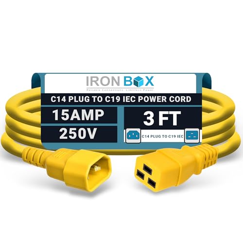Image of IronBox Electric - Heavy-Duty C14 to C19 Power Cord, 15A, 250V, 14 /3 SJT - IEC60320 PC Cable for Computer Extensions, Monitor, PSU - C14 Male to C19 Female Connector Power Cable - (Yellow 3 Foot)