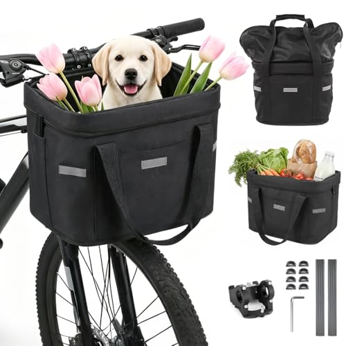 Jonuin Front Bike Basket 12.6 x 9.4 x 9.4 Folding Detachable Dog Bike Carrier with Handle Pet Basket for Bike Easy Install & Remove Front Bicycle Handle Basket for Pet Shopping and Camping