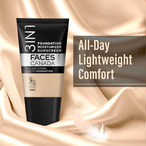 Facescanada 3-in-1 Matte Foundation with SPF 30 | Lightweight Hydrating Formula with Aloe Vera & Vitamin C | Long-Lasting Medium Coverage Makeup & Sun Protection | 0.51 Fl Oz (15ml)