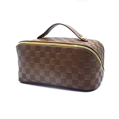 Kroshine Large Capacity Travel Cosmetic Bag For Women Travel Makeup Bag Organizer Pu Leather Waterproof With Handle And Divider Flat Lay Portable Checkered Travel Toiletry Bag #TOP4