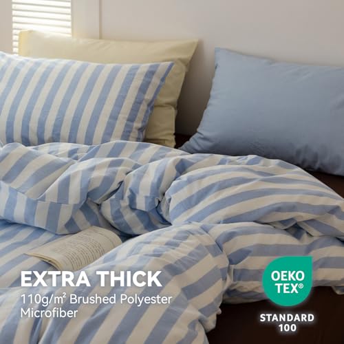 Image of Striped Duvet Cover King Size Blue White Stripes Geometric Bedding Set 3 Pieces Retro Vertical Stripe Soft Lightweight Microfiber Comforter Cover Set with Zipper Closure and 2 Pillowcases