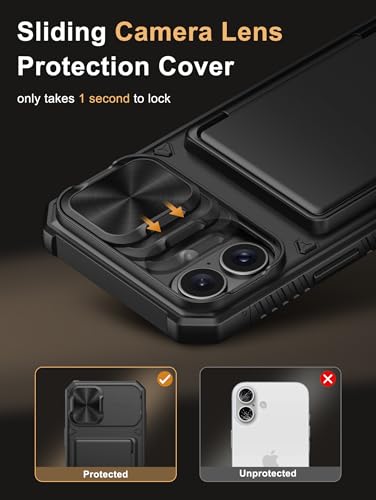 Image of Vihibii for iPhone 16 Plus Case with [2X Screen Protector], Built-in Card Holder (4 Cards), [RFID Blocking] & Slide Camera Cover & Tempered Glass Films, Rugged Wallet Case for 16 Plus 6.7 inch 2024, Black