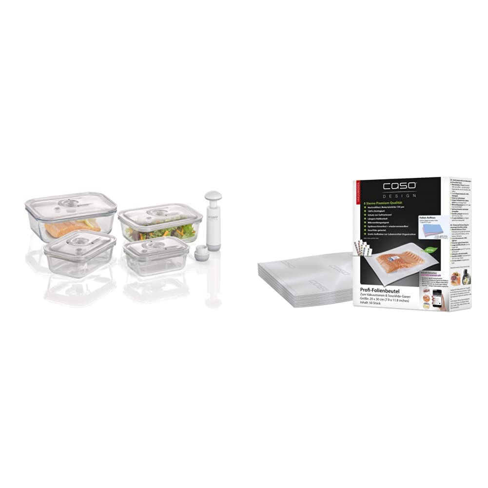 CASO VacuBoxx E-Set - 4 extrem stabile eckige Vakuumbehälter & Profi- Folienbeutel 20x30 cm / 50 Beutel,für alle Vakuumierer,BPA-frei,sehr stark und reißfest ca. 150µm, aromadicht, kochfest, Sous Vide