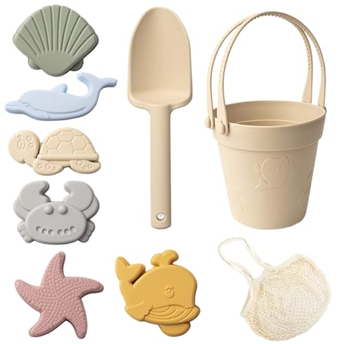 Otbushit 8 pièces Jouets de Sable pour Enfants Jouets de Plage en Silicone sûrs avec Seau à Pelle et moules à Sable boîte étanche pour Voyage été extérieur Beige