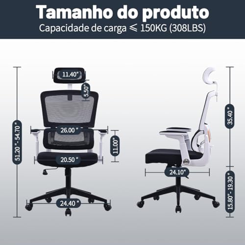 Cadeira Ergonômica para Escritório com Encosto e Apoio de Cabeça Ajustáveis, Tela Respirável, Suport