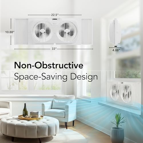 Comfort Zone Twin Window Fan with Quiet Setting, Reversible Airflow Control, 9 inch, 3-Speeds, Expandable, Exhaust, Dual Fan, Airflow 9.84 ft/sec, Ideal for Home, Kitchen, Bedroom & Office, CZ319WT2